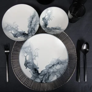 Servies set porselein - 24 delig -  Wit marmer - Graphite