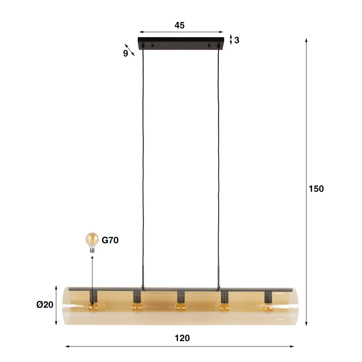 Hanglamp Cai 5-lichts amber glas - Afbeelding 7